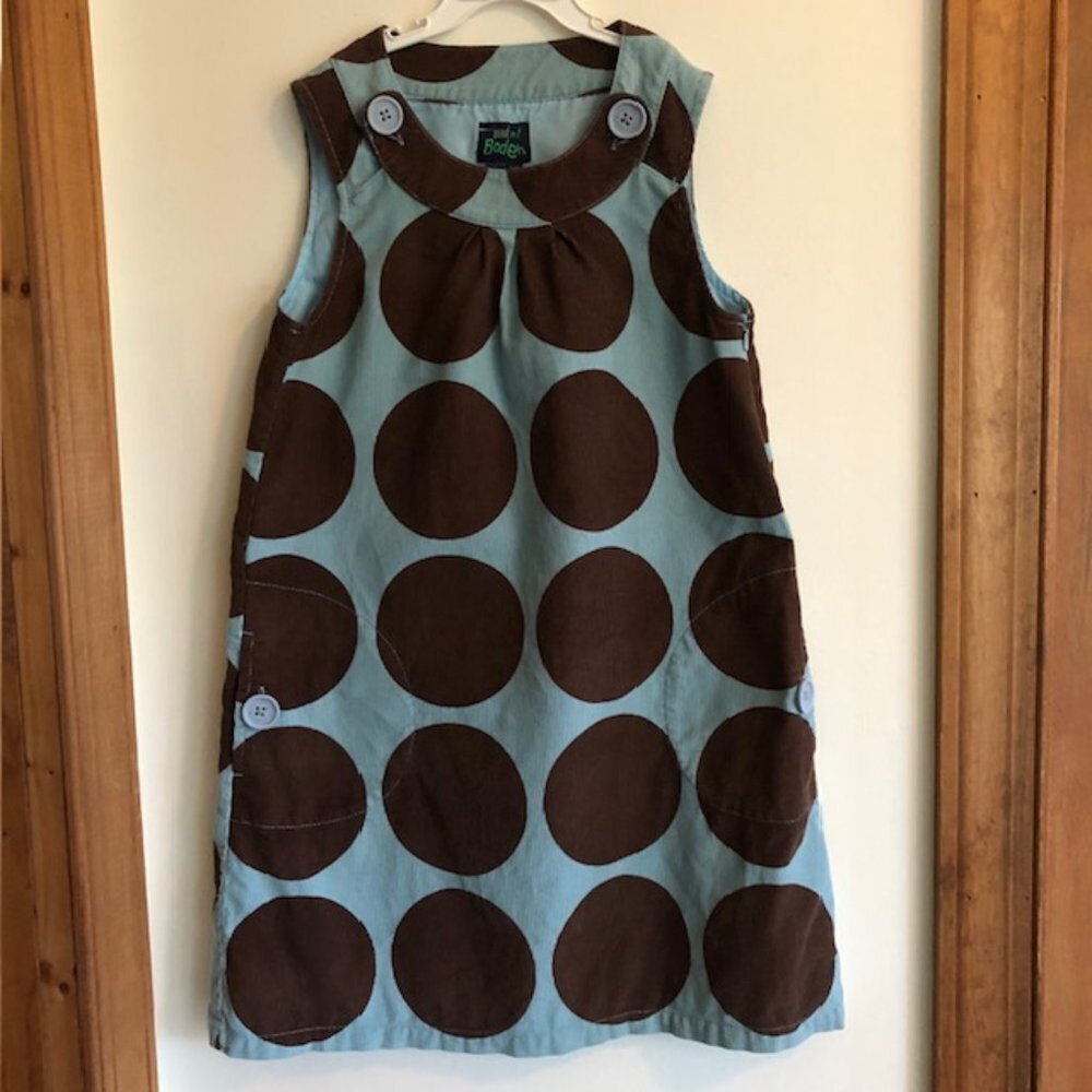 MINI BODEN Corduroy Polka Dot Blue Brown Lined Sleeveless Dress 9-10Y